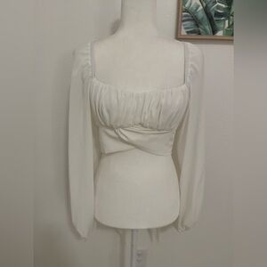 Ruched Wrap Square Neck Flounce Long Sleeve Self Tie Crop Top